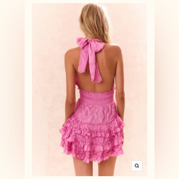 Love Shack Fancy- Quintelle Ruffle Halter Mini Dress- Tulip Pink - Picture 5 of 13